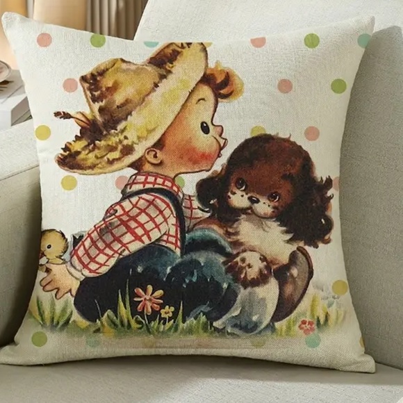 NIP Pillow cover 18” x 18”  Zipper open/close 1/pc VINTAGE Insp Lil Boy & Puppy - Picture 4 of 4